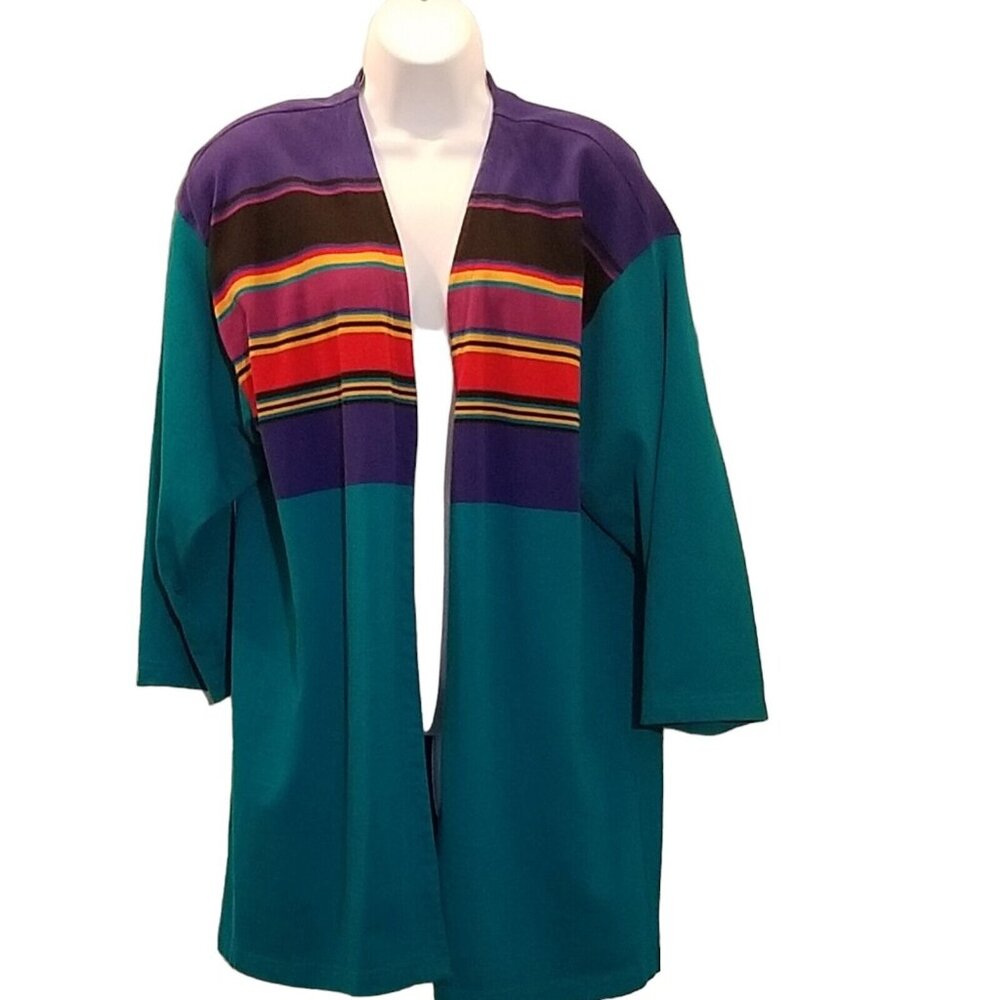 Chaus Vintage Womens Knit Cardigan Sweater Teal Striped Open‎ Front Size 2X - Picture 3 of 10